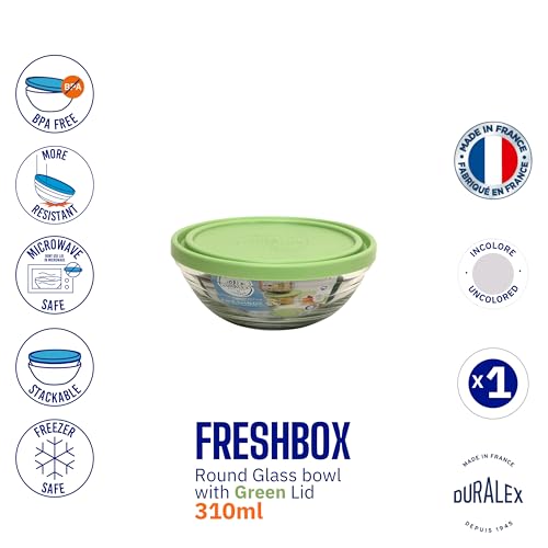 Duralex® Fresh Box Round Clear Glass Storage With Green Lid, 310ml | Tempered Glass, Durable, Microwave Freezer Dishwasher Safe, Set of 1 Pc - Image 5