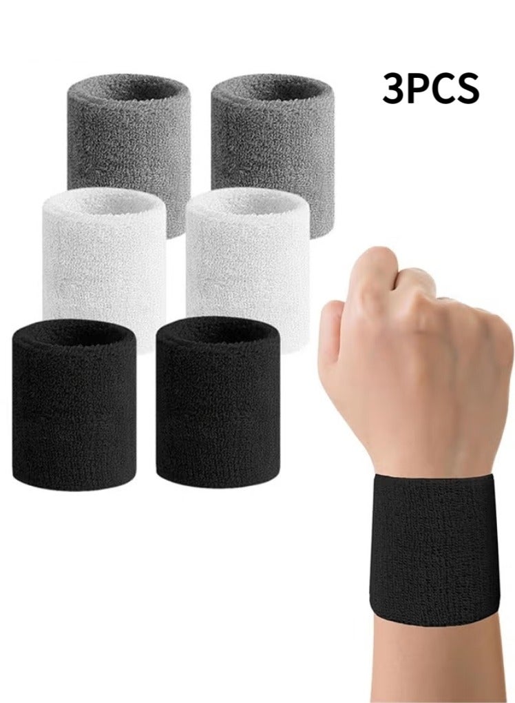 3 أزواج من أربطة المعصم الرياضية، أربطة معصم التنس، أربطة معصم ماصة للعرق للرجال والنساء، أربطة معصم قطنية قابلة للتنفس للتمرين وكرة القدم وكرة السلة والجري والرياضات الرياضية - Image 1