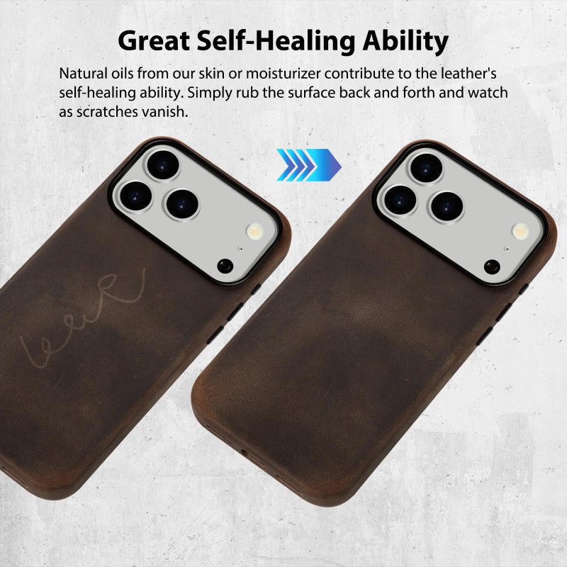 Belemay Handcrafted Crazy Horse Leather Case for iPhone 17 Pro Max, Compatible with MagSafe, Vintage Aesthetic, Two-Tone Effect, Unique Patina, Camera Control Button Coverage (6.9"), Rustic Brown - Image 3