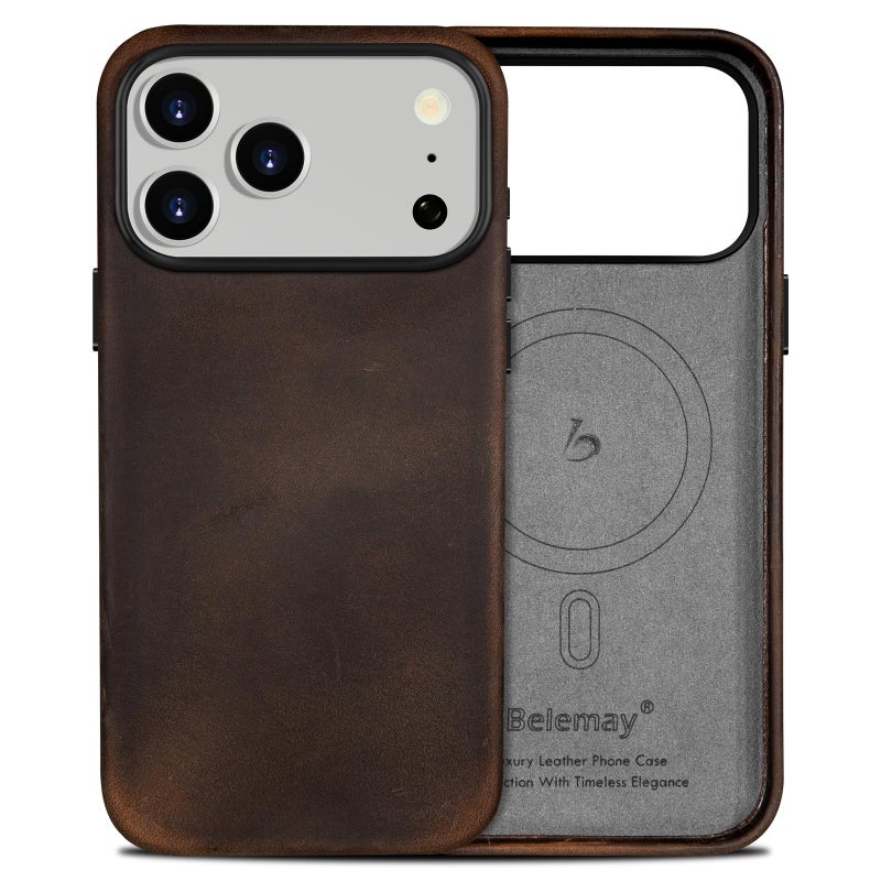 Belemay Handcrafted Crazy Horse Leather Case for iPhone 17 Pro Max, Compatible with MagSafe, Vintage Aesthetic, Two-Tone Effect, Unique Patina, Camera Control Button Coverage (6.9"), Rustic Brown - Image 1