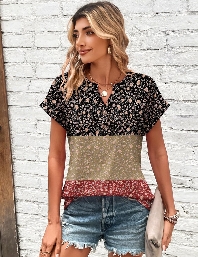 Zeagoo Short Sleeve Shirts for Women Floral Boho Blouses V Neck Fashion Clothing Summer Business Work Top - Image 2