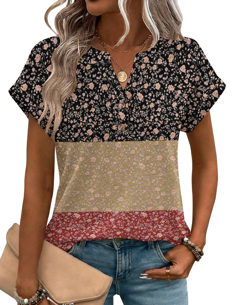 Zeagoo Short Sleeve Shirts for Women Floral Boho Blouses V Neck Fashion Clothing Summer Business Work Top - Image 1
