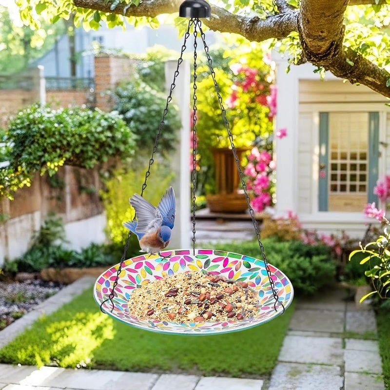 VCUTEKA Hanging Bird Bath, Glass Mosaic Bird Baths for Outdoors Birdfeeder with 21 inch Rust-Proof Chain for Garden Yard Decor - Image 2