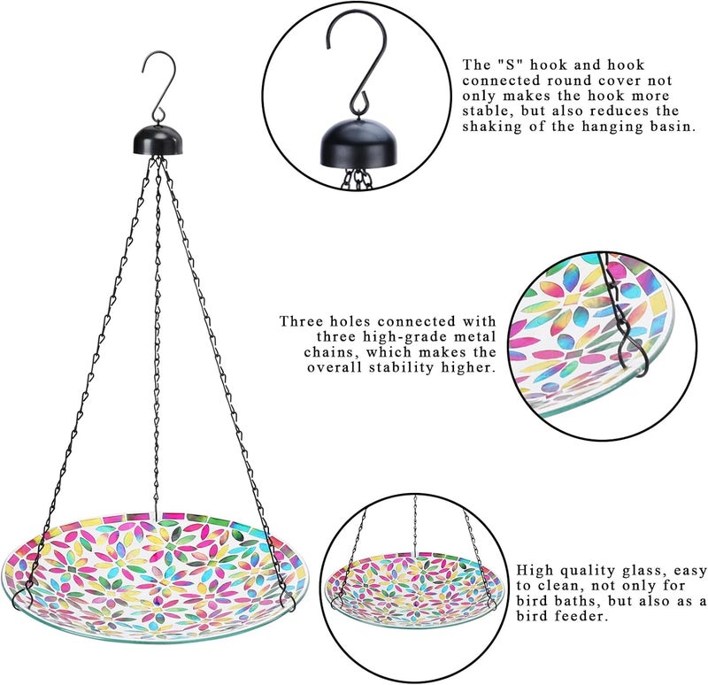 VCUTEKA Hanging Bird Bath, Glass Mosaic Bird Baths for Outdoors Birdfeeder with 21 inch Rust-Proof Chain for Garden Yard Decor - Image 4