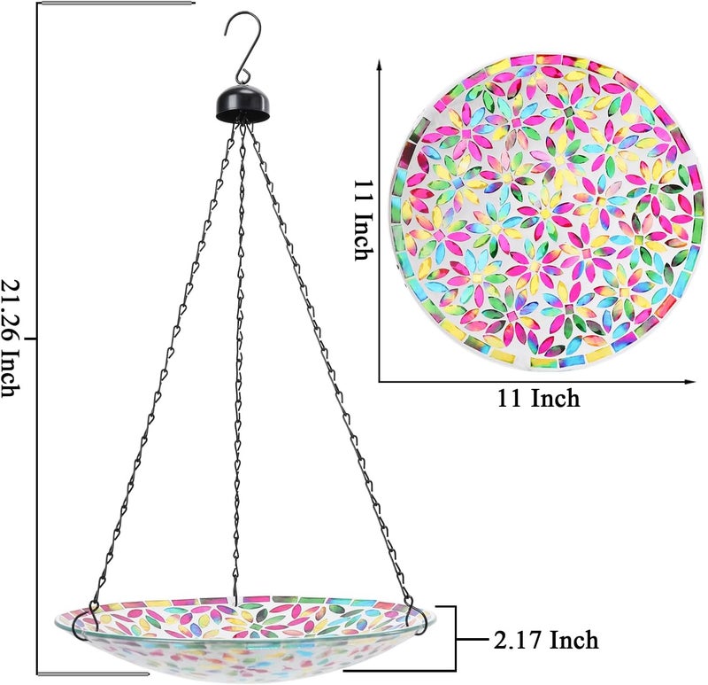 VCUTEKA Hanging Bird Bath, Glass Mosaic Bird Baths for Outdoors Birdfeeder with 21 inch Rust-Proof Chain for Garden Yard Decor - Image 3