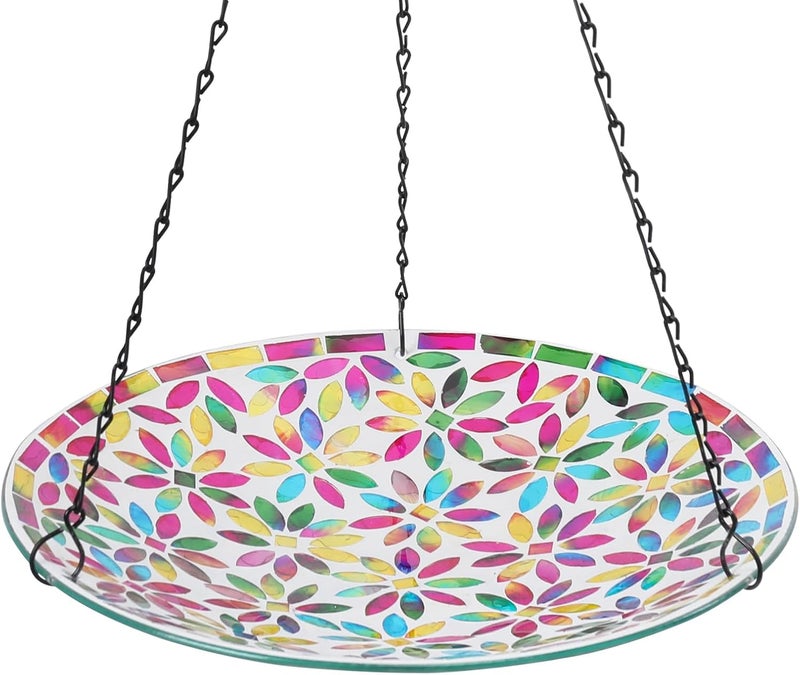 VCUTEKA Hanging Bird Bath, Glass Mosaic Bird Baths for Outdoors Birdfeeder with 21 inch Rust-Proof Chain for Garden Yard Decor - Image 1