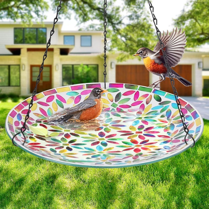 VCUTEKA Hanging Bird Bath, Glass Mosaic Bird Baths for Outdoors Birdfeeder with 21 inch Rust-Proof Chain for Garden Yard Decor - Image 5