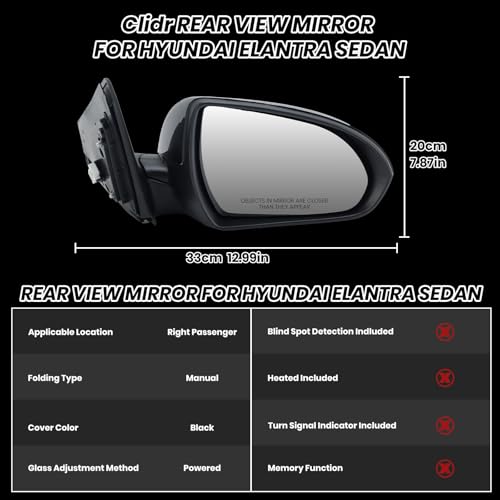 Clidr Passenger Side Mirror Compatible with 2017 2018 2019 2020 Hyundai Elantra Non-Heated Manual Folding Rear View Mirror Replace 87620F3050 Black 3 Pins - Image 3
