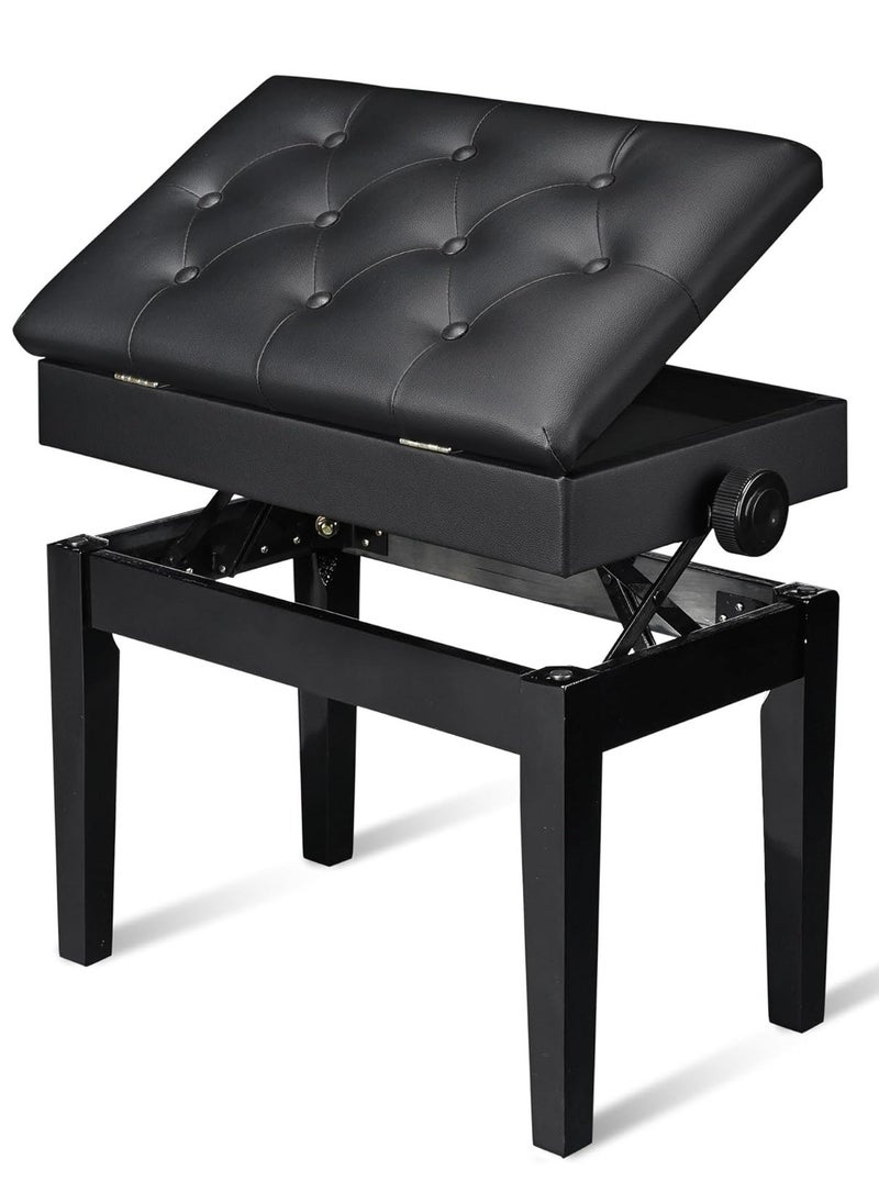 Generic Liftable Solid Wood Piano Bench Keyboard Bench Single Seat With Soft PU Leather Seat Cushion Adjustable Height Wooden Stool With Storage Bookcase Chair Weight Capacity 180kg Black  - Image 1