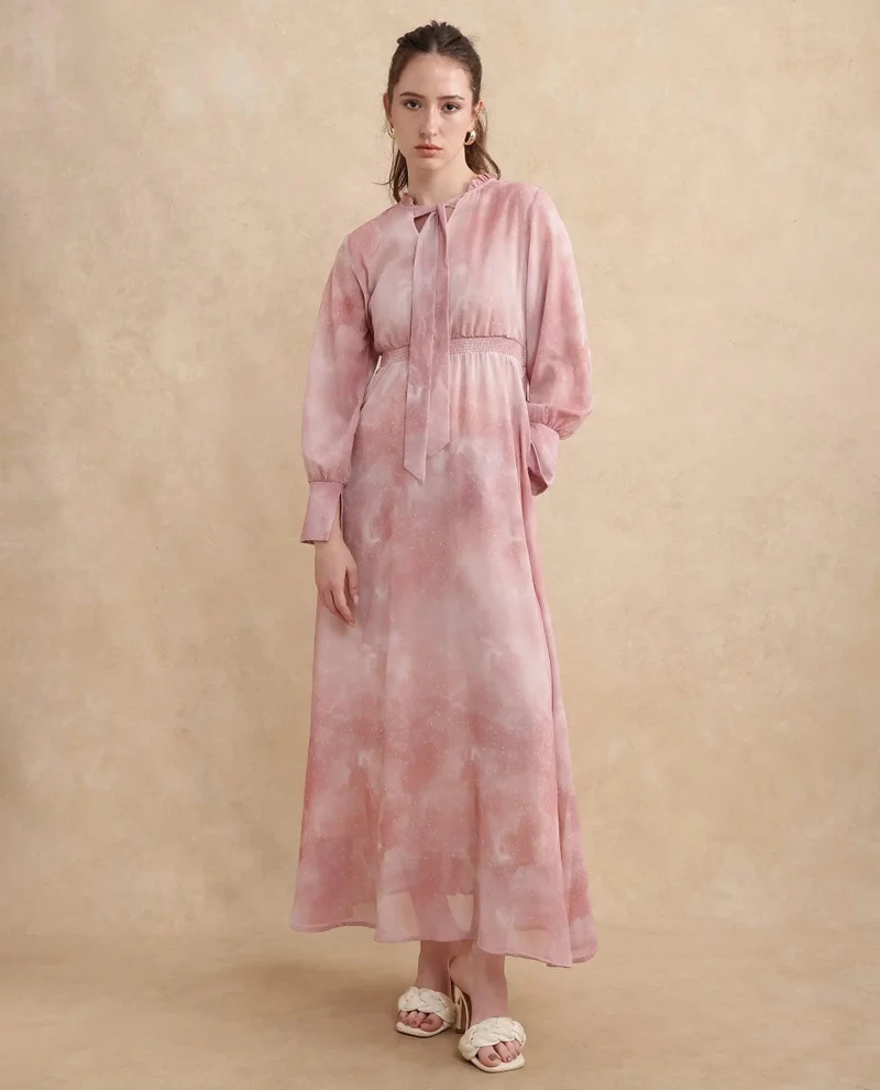 ريريزم Rareism Women's Likp Pink Polyester Fabric Sweetheart Neck Button Closure Bishop Sleeve Abstract Fit And Flare Midi Dress