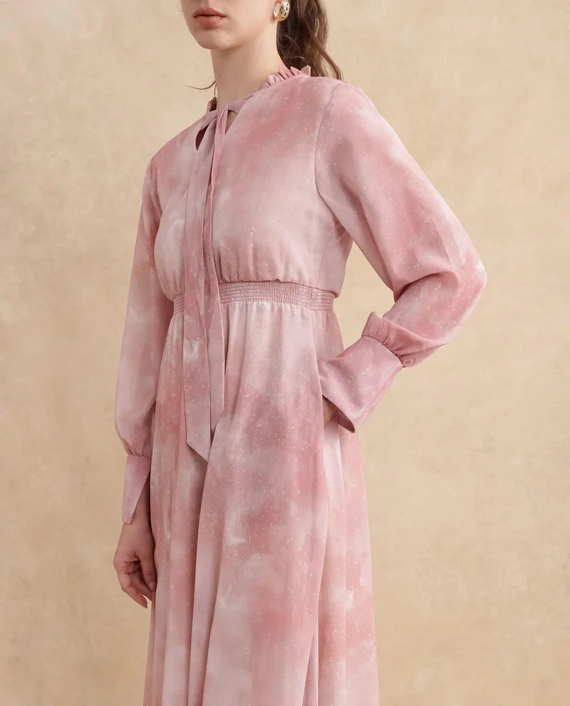 ريريزم Rareism Women's Likp Pink Polyester Fabric Sweetheart Neck Button Closure Bishop Sleeve Abstract Fit And Flare Midi Dress