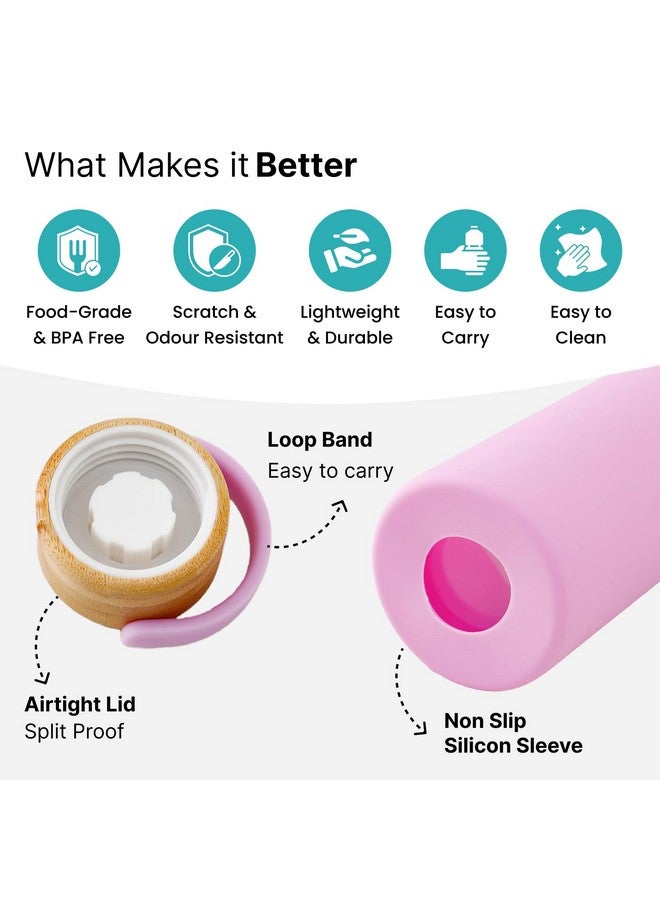 The Better Home Borosilicate Glass Water Bottle with Sleeve (500ml) | Bamboo Lid & Silicon Sleeve | Fridge Water Bottles for Home, Office & Gym | Water Bottles for Fridge (Pink, Pack of 1) - Image 2