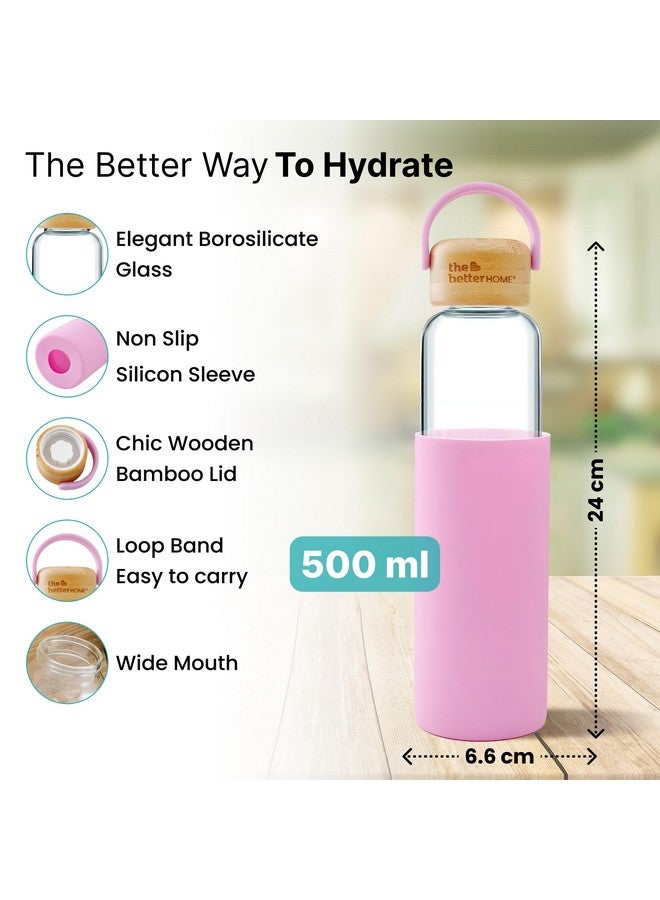 The Better Home Borosilicate Glass Water Bottle with Sleeve (500ml) | Bamboo Lid & Silicon Sleeve | Fridge Water Bottles for Home, Office & Gym | Water Bottles for Fridge (Pink, Pack of 1) - Image 3