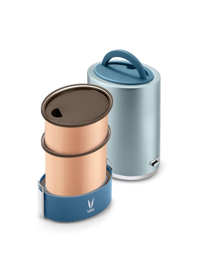 VAYA TYFFYN Lunch Box for Office for Men, Copper Finished Steel Lunch Box Without Bagmat,1000ml Vacuum Insulated Hot Lunch Box, Leakproof Hot Tiffin Box with 2 Containers,Blue - Image 1