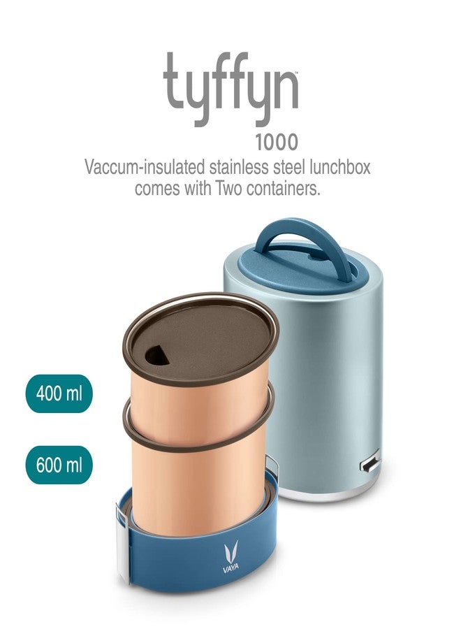 VAYA TYFFYN Lunch Box for Office for Men, Copper Finished Steel Lunch Box Without Bagmat,1000ml Vacuum Insulated Hot Lunch Box, Leakproof Hot Tiffin Box with 2 Containers,Blue - Image 3