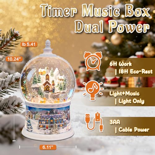DGSCAK Large Christmas Snow Globes,Village Xmas Lighted Glitter Snow Globes, Musical Box with 8 Songs, 6 Hours Timer Deluxe Carousel Snow Globes - Image 3
