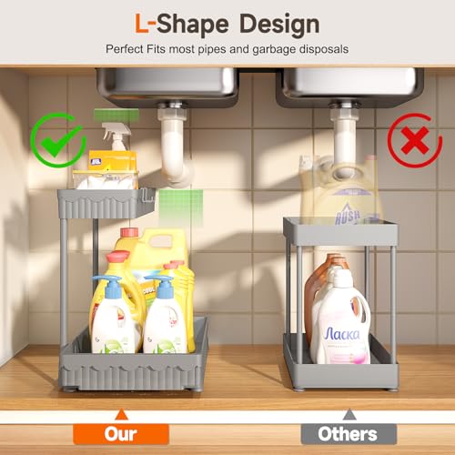 Sevenblue 3 Pack MultiPurpose PullOut Storage Organizers 2Tier LShaped Under SinkCabinet Organizers and Storage for Bathroom KitchenGrey1485 Inch - Image 3