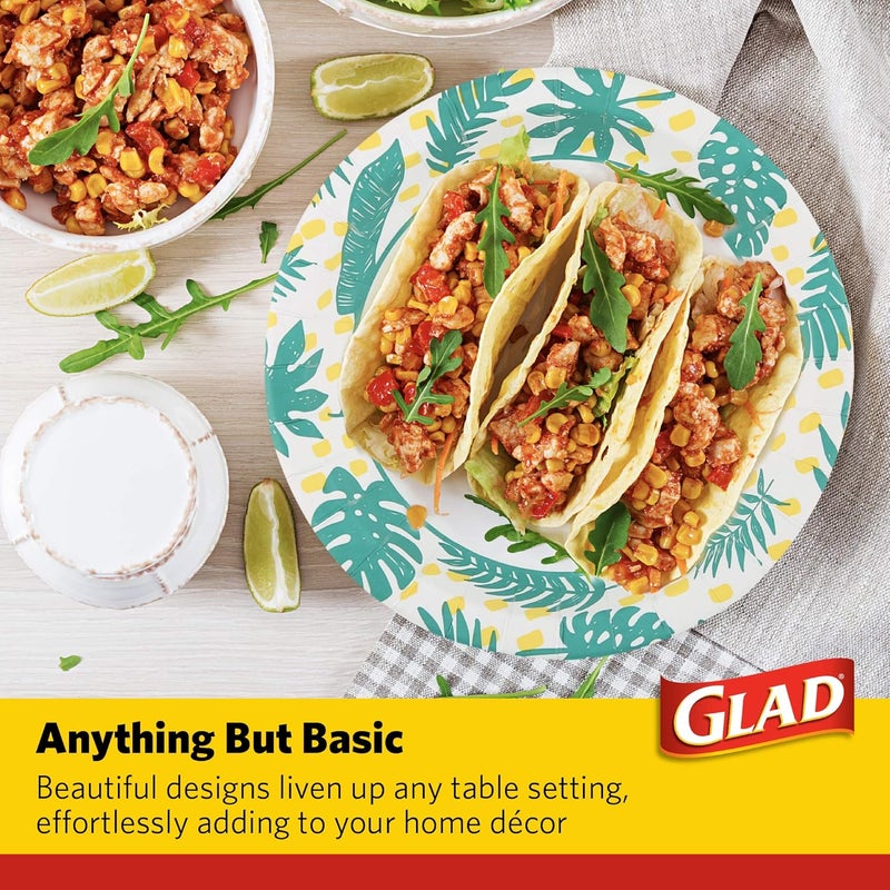 Glad Round Disposable Paper Plates with Palm Leaves Design, 8.5 Inches | 8 1/2 Inch Paper Plates | Soak Proof, Cut-Proof, Microwavable Disposable Plates for Everyday Use, 600 Count - Image 4