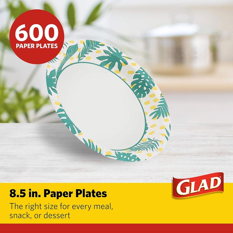 Glad Round Disposable Paper Plates with Palm Leaves Design, 8.5 Inches | 8 1/2 Inch Paper Plates | Soak Proof, Cut-Proof, Microwavable Disposable Plates for Everyday Use, 600 Count - Image 2