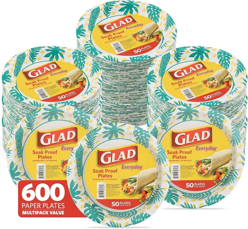 Glad Round Disposable Paper Plates with Palm Leaves Design, 8.5 Inches | 8 1/2 Inch Paper Plates | Soak Proof, Cut-Proof, Microwavable Disposable Plates for Everyday Use, 600 Count - Image 1