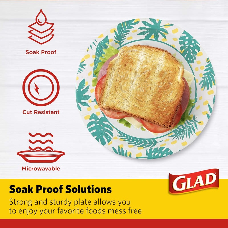 Glad Round Disposable Paper Plates with Palm Leaves Design, 8.5 Inches | 8 1/2 Inch Paper Plates | Soak Proof, Cut-Proof, Microwavable Disposable Plates for Everyday Use, 600 Count - Image 3