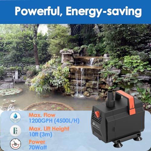 AquaMiracle 1200GPH Submersible Water Pump Pond Pump(4500L/H, 70W), Water Fountain Pump Aquarium Water Pump with Flow Control for Fish Tank, Waterfall, Statuary, Filtration, Water feature, Hydroponics - Image 2