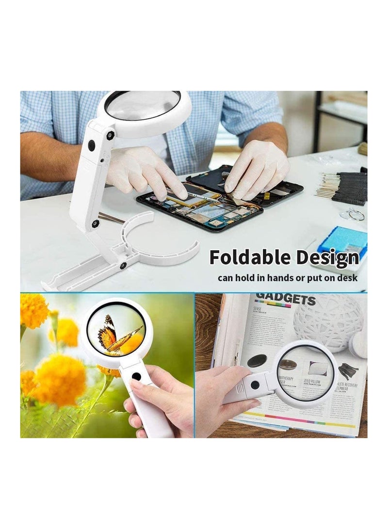 Excefore 5X Handheld Magnifier Illuminated Desktop Magnifying Glasses with 8 LED Lights & Foldable Handle for Seniors and Children (White) - Image 2