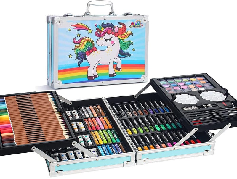 Alokik Enterprise Alokik 145 Pieces Blue Unicorn Drawing Color Kit Sketch Colour Pencil Set Shading Crayons Oil Pastels Colour Set Watercolor Cakes Paint Brush Sharpener Eraser Stationary Art Supplies for Artist - Image 1