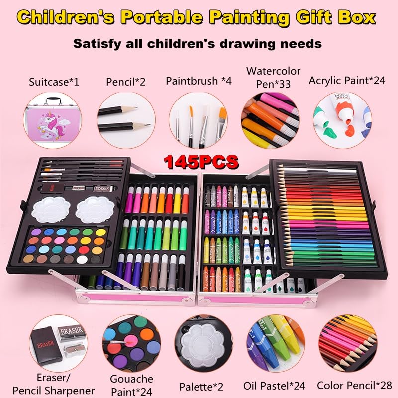 Alokik Enterprise Alokik 145 Pieces Blue Unicorn Drawing Color Kit Sketch Colour Pencil Set Shading Crayons Oil Pastels Colour Set Watercolor Cakes Paint Brush Sharpener Eraser Stationary Art Supplies for Artist - Image 4