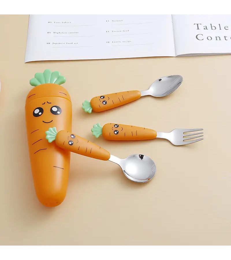 Powder Three Sets Stainless Kids Carrot Fork and Spoon Portable Tableware for Lunchbox Picnic Travel - Image 5