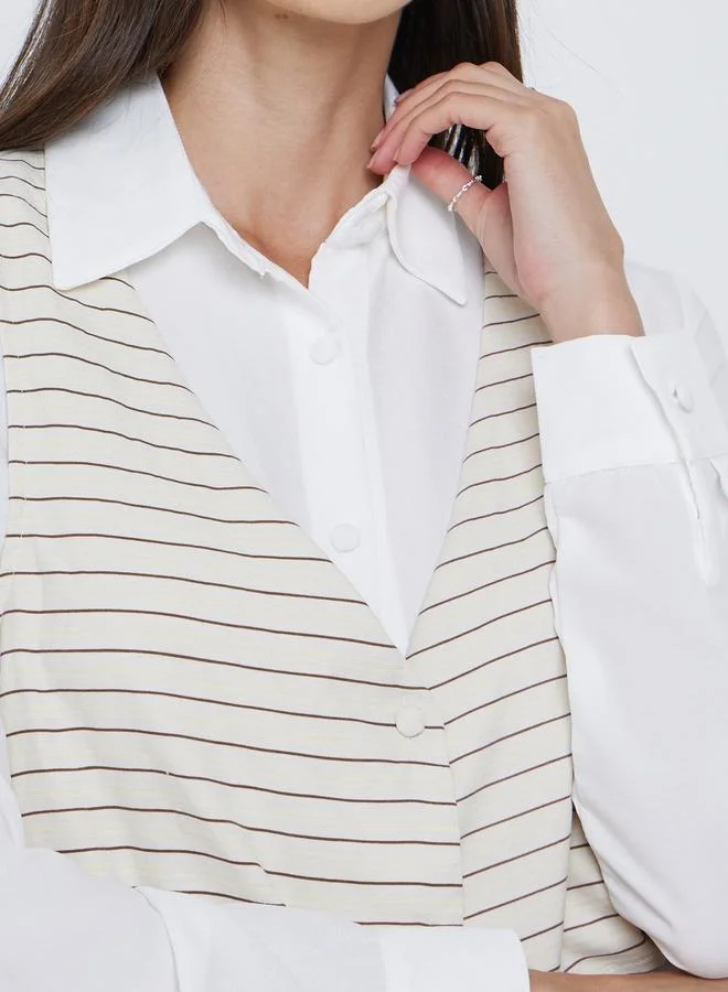 Styli Cream Styli Layered Striped Long Sleeve Buttoned Shirt for Women | Best Price UAE