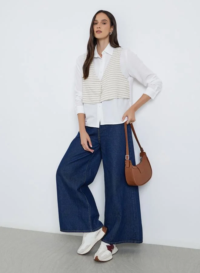 ستايلي قميص بأزرار بأكمام طويلة مخطط بطبقات ستايلي