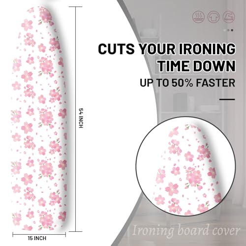 Cliduli Extra Thick Ironing Board Cover and Pad, Cherry Blossoms 15x54 Ironing Board Cover, Resist Scorching and Staining,Elastic Edges,Pink Floral Leaves Spring Flower White - Image 2