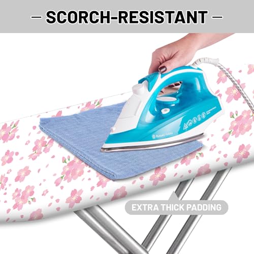 Cliduli Extra Thick Ironing Board Cover and Pad, Cherry Blossoms 15x54 Ironing Board Cover, Resist Scorching and Staining,Elastic Edges,Pink Floral Leaves Spring Flower White - Image 4