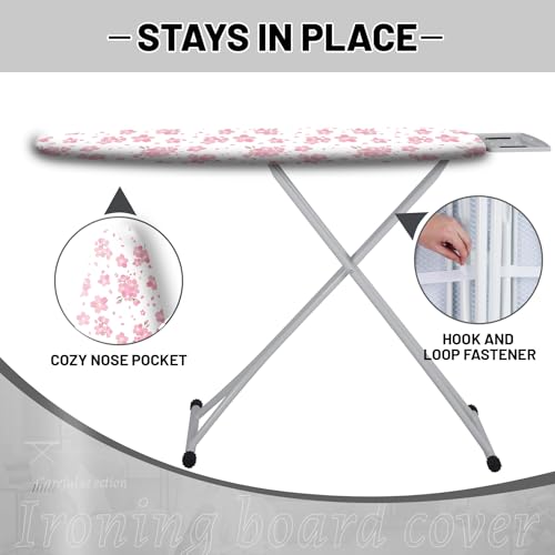 Cliduli Extra Thick Ironing Board Cover and Pad, Cherry Blossoms 15x54 Ironing Board Cover, Resist Scorching and Staining,Elastic Edges,Pink Floral Leaves Spring Flower White - Image 3