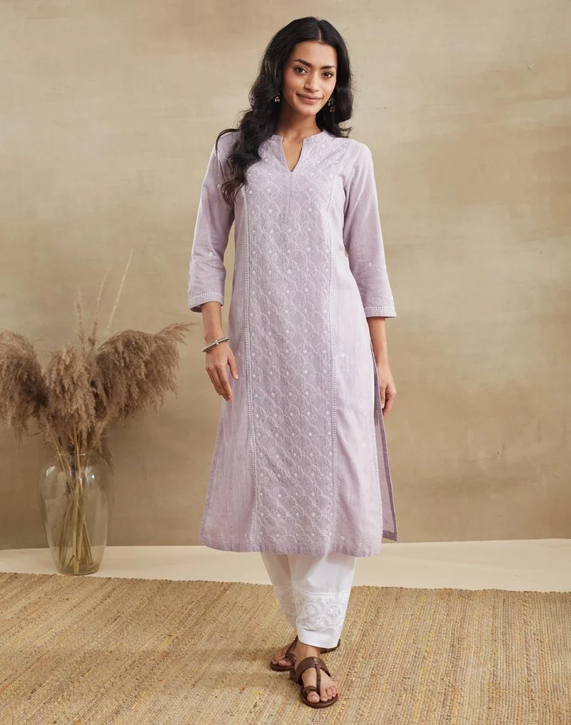 Fabindia Purple Cotton Chikankari Long Kurta