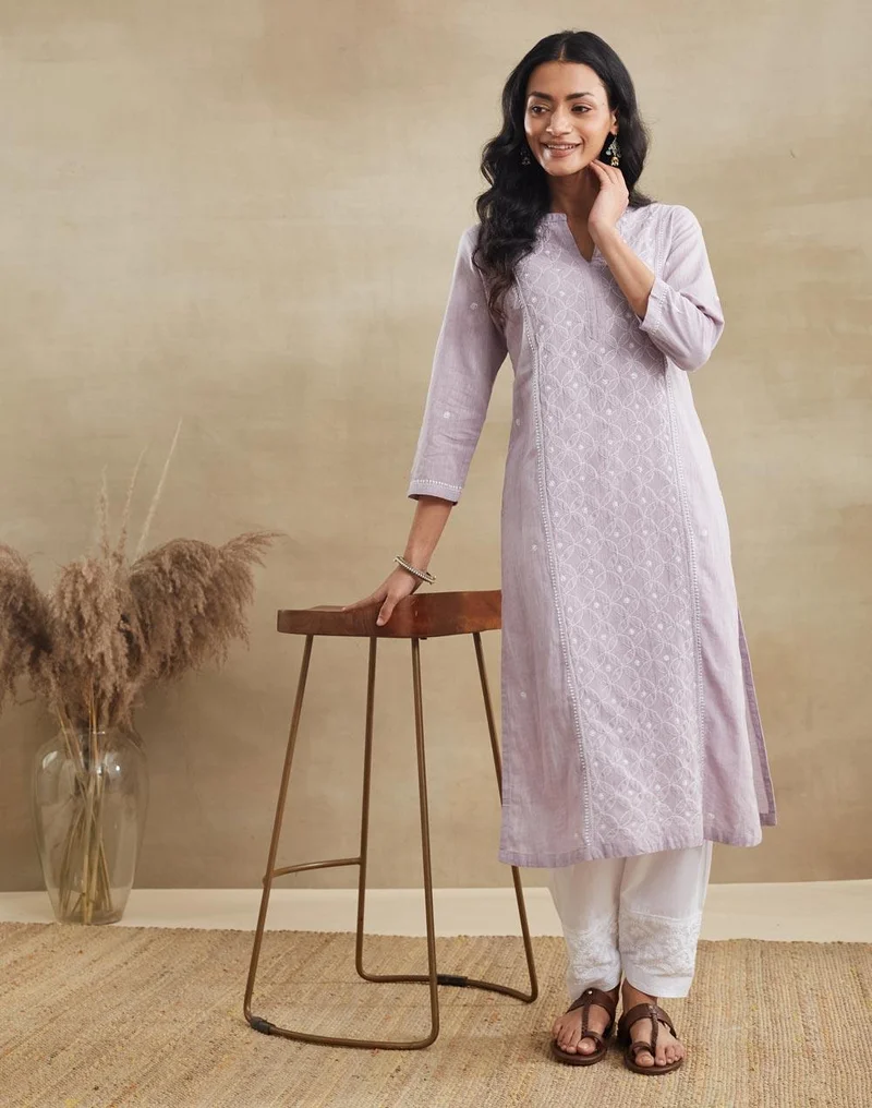 Fabindia Purple Cotton Chikankari Long Kurta