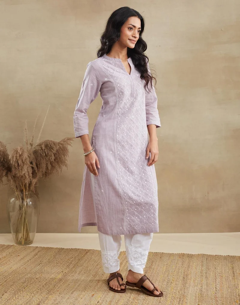 Fabindia  Purple Cotton Chikankari Long Kurta for Women | Best Price UAE