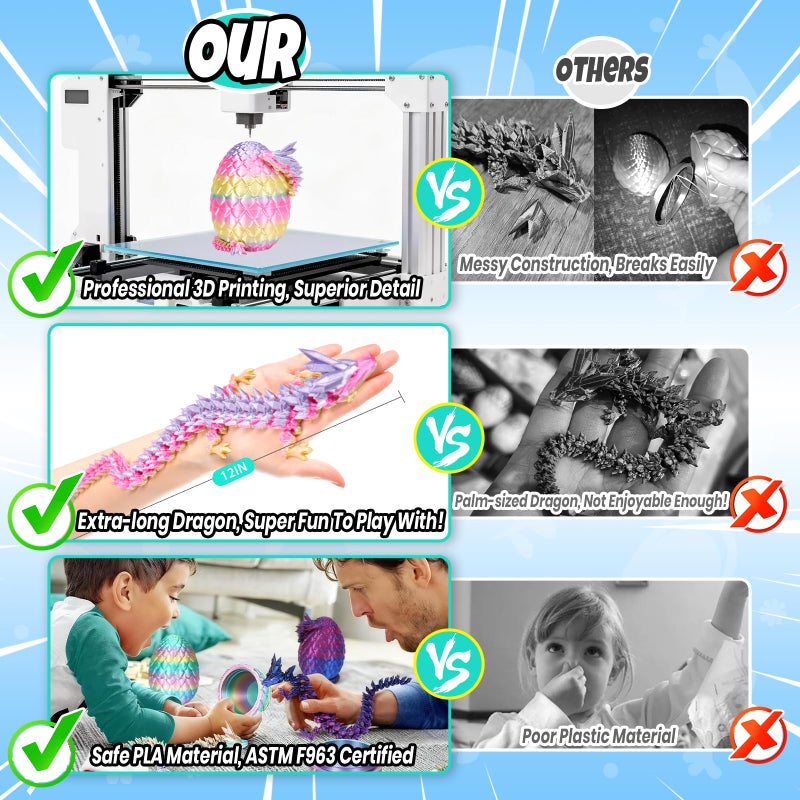 YILCER 3D Printed Dragon Easter Egg, Mystery Crystal Articulated Dragon Fidget Toys, Surprise Prefilled Easter Egg Filled with Toy - Basket Essentials Stuffers for Kids Girls Boys (Random Candy Colors) - Image 4