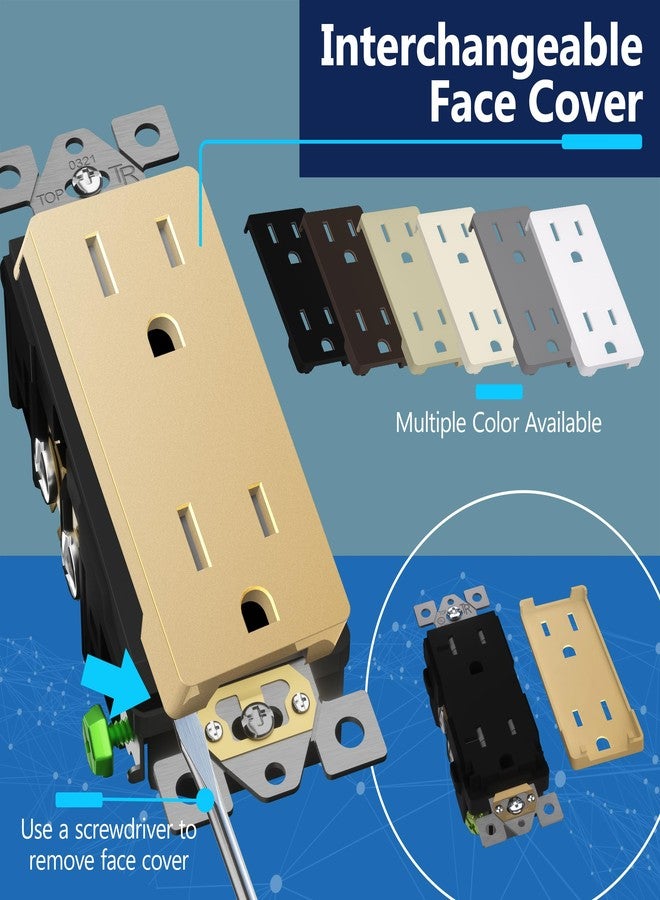 LIDER Matte Finish Decorator Receptacle with Interchangeable Face Cover, Child Safe Tamper-Resistant Wall Outlet with Screwless Wall Plate, Residential Grade, 15A 125V, UL Listed, LR15-TR-GDSWP, Gold - Image 2