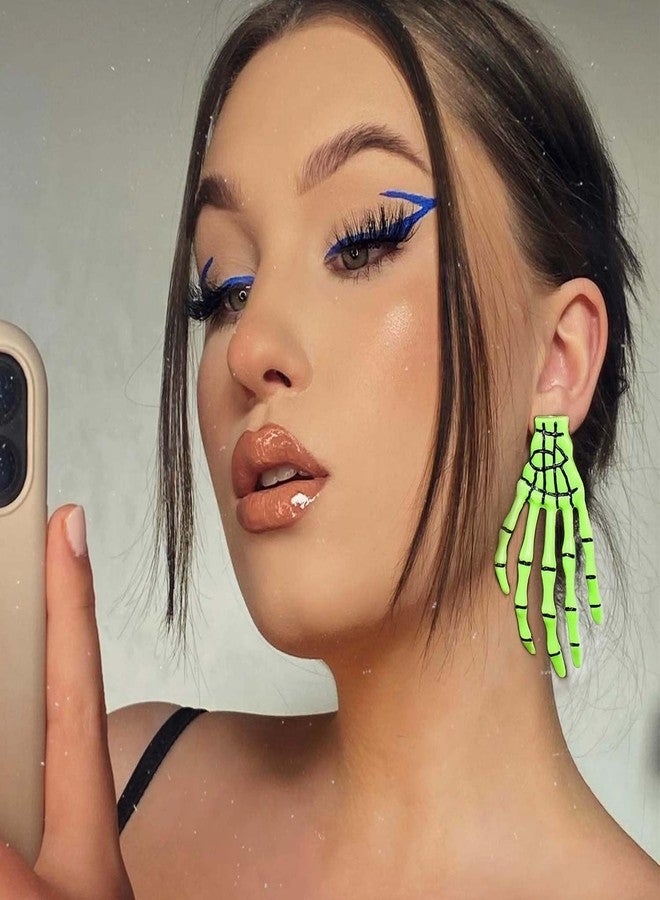 Aksod Skull Hand Earrings Skeleton Bone Earrings Stud Statement Punk Gothic Halloween Holiday Festive Earrings Jewelry for Women (Green) - Image 4