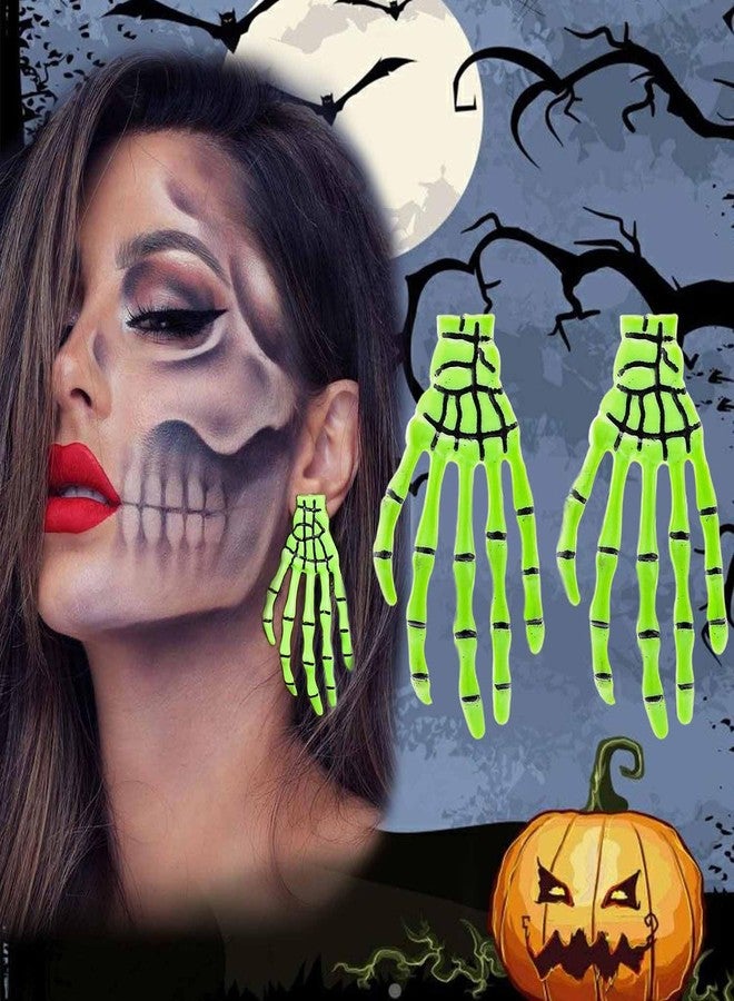 Aksod Skull Hand Earrings Skeleton Bone Earrings Stud Statement Punk Gothic Halloween Holiday Festive Earrings Jewelry for Women (Green) - Image 2