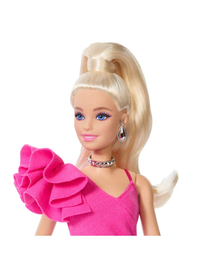 Barbie Deluxe Style Doll #15 in Hot Pink Barbiecore Dress, Blonde High Ponytail, Black Lace Tights, Silver Clutch, and Si​lver Jewelry