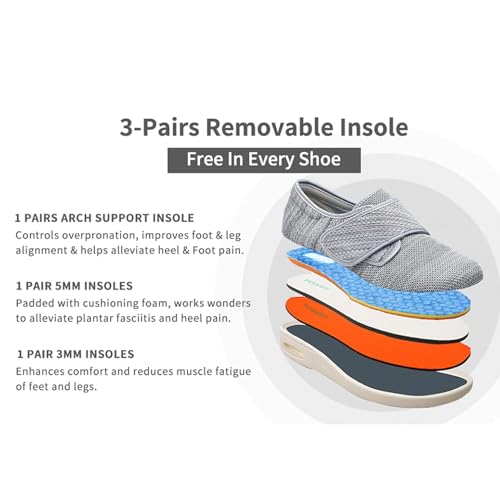 Orthoshoes Mens Wide Width Diabetic Shoes - Adjustable Closure Slip-On Sneakers for Swollen Feet - Lightweight Breathable Orthopedic Shoes for Diabetes, Edema, Plantar Fasciitis, Bunions & Arthritis Black Grey - Image 5