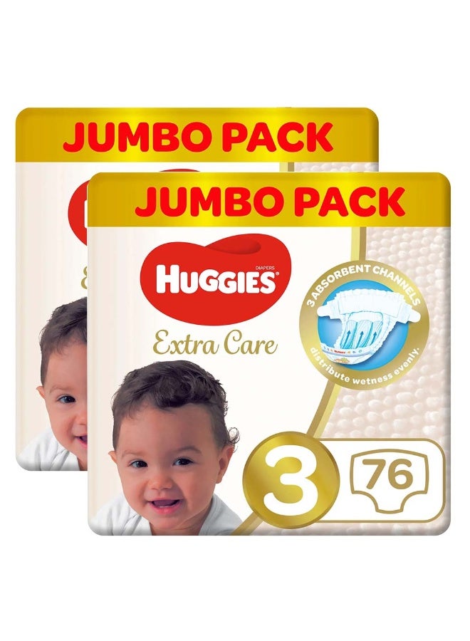 HUGGIES Extra Care Baby Diapers, Size 3, For 4-9Kg, Promo Jumbo Pack of 2 x 76’s