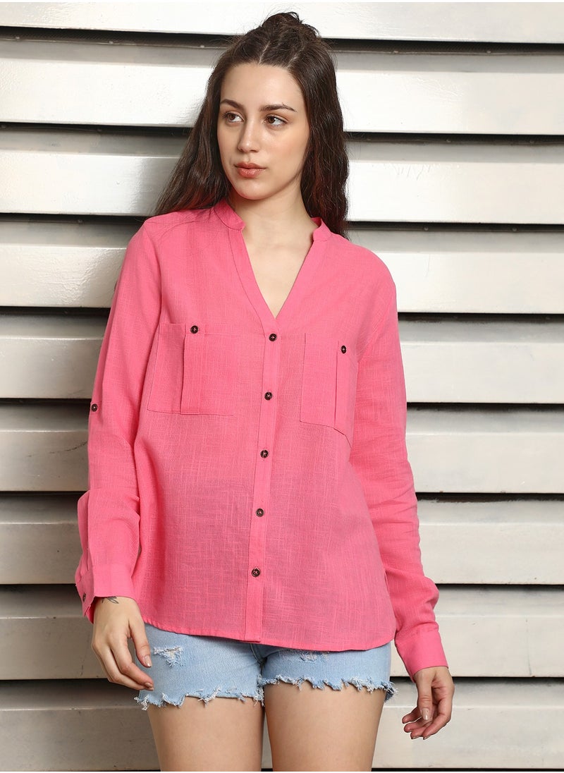 Women's Pink Regular Fit V-Neck Casual Shirt - pzsku/Z1D76594E45E34FA33284Z/45/_/1720908891/1e0208b1-0211-4a0c-8e3f-35f7d73ade2f