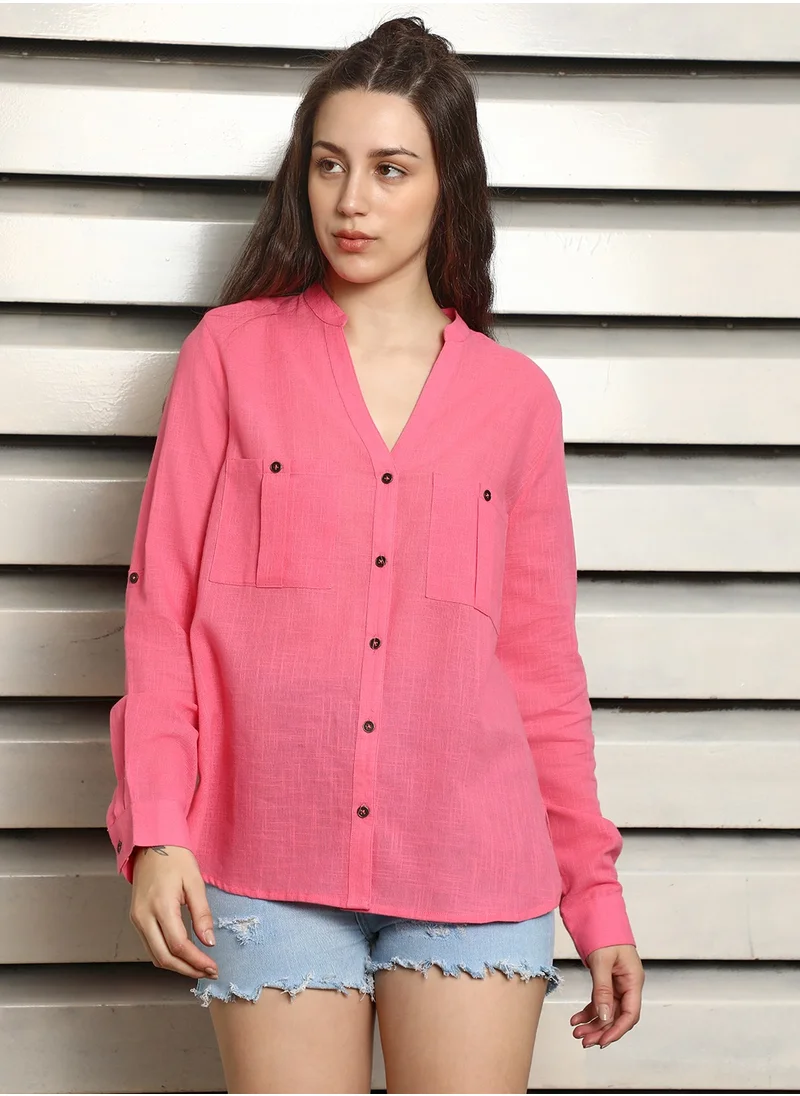 هاي ستار Women's Pink Regular Fit V-Neck Casual Shirt