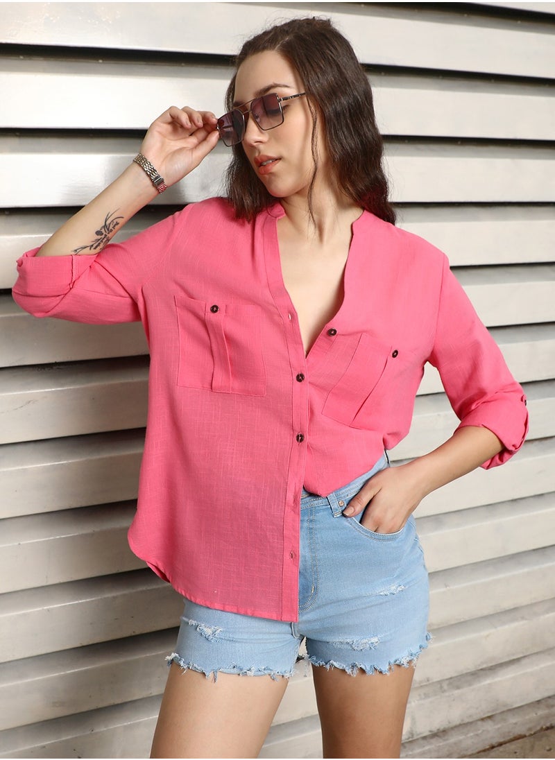 Women's Pink Regular Fit V-Neck Casual Shirt - pzsku/Z1D76594E45E34FA33284Z/45/_/1720908891/e8ac2091-135a-427f-9170-45220eecd3ad