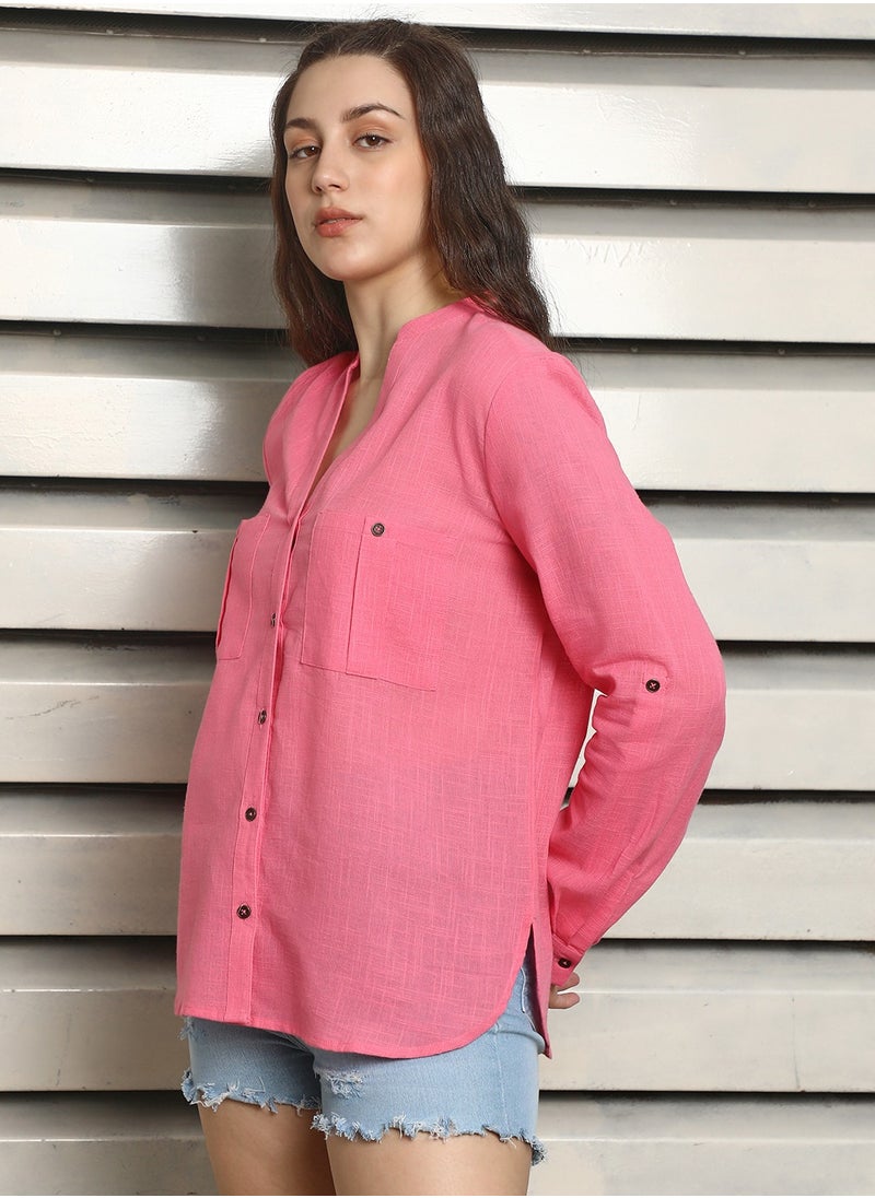 HIGH STAR Women's Pink Regular Fit V-Neck Casual Shirt  - Image 3