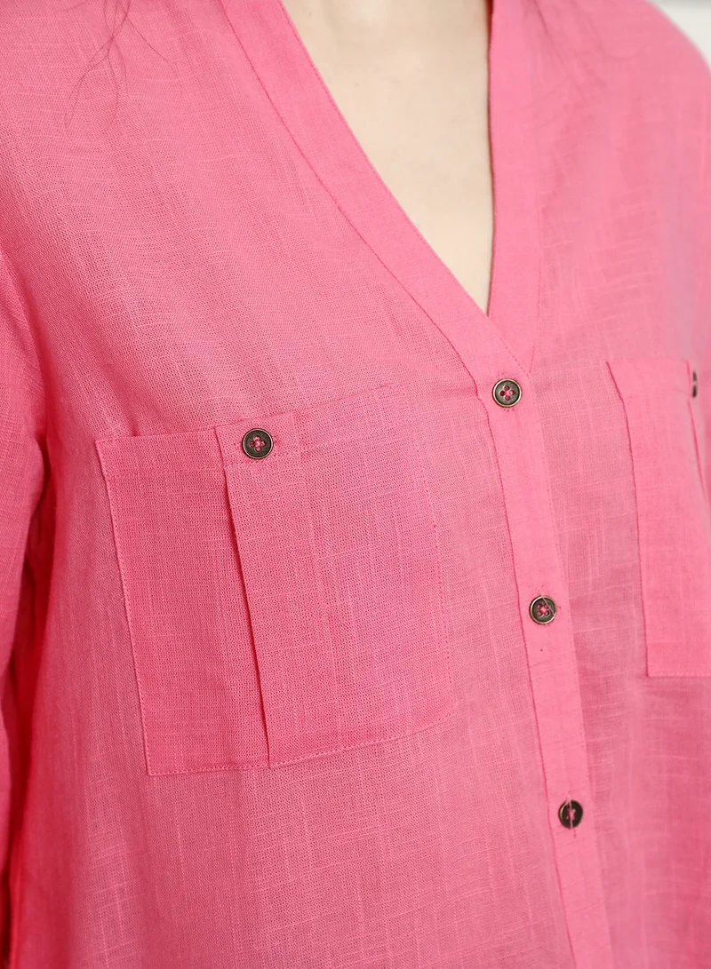 HIGH STAR Women's Pink Regular Fit V-Neck Casual Shirt
